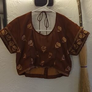 Embroidered Brown Crop Top